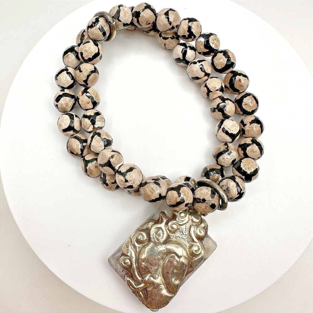 Vintage‎ 80s Silver Tone Double Strand Beaded Bracelet Charm Women's Jewelry